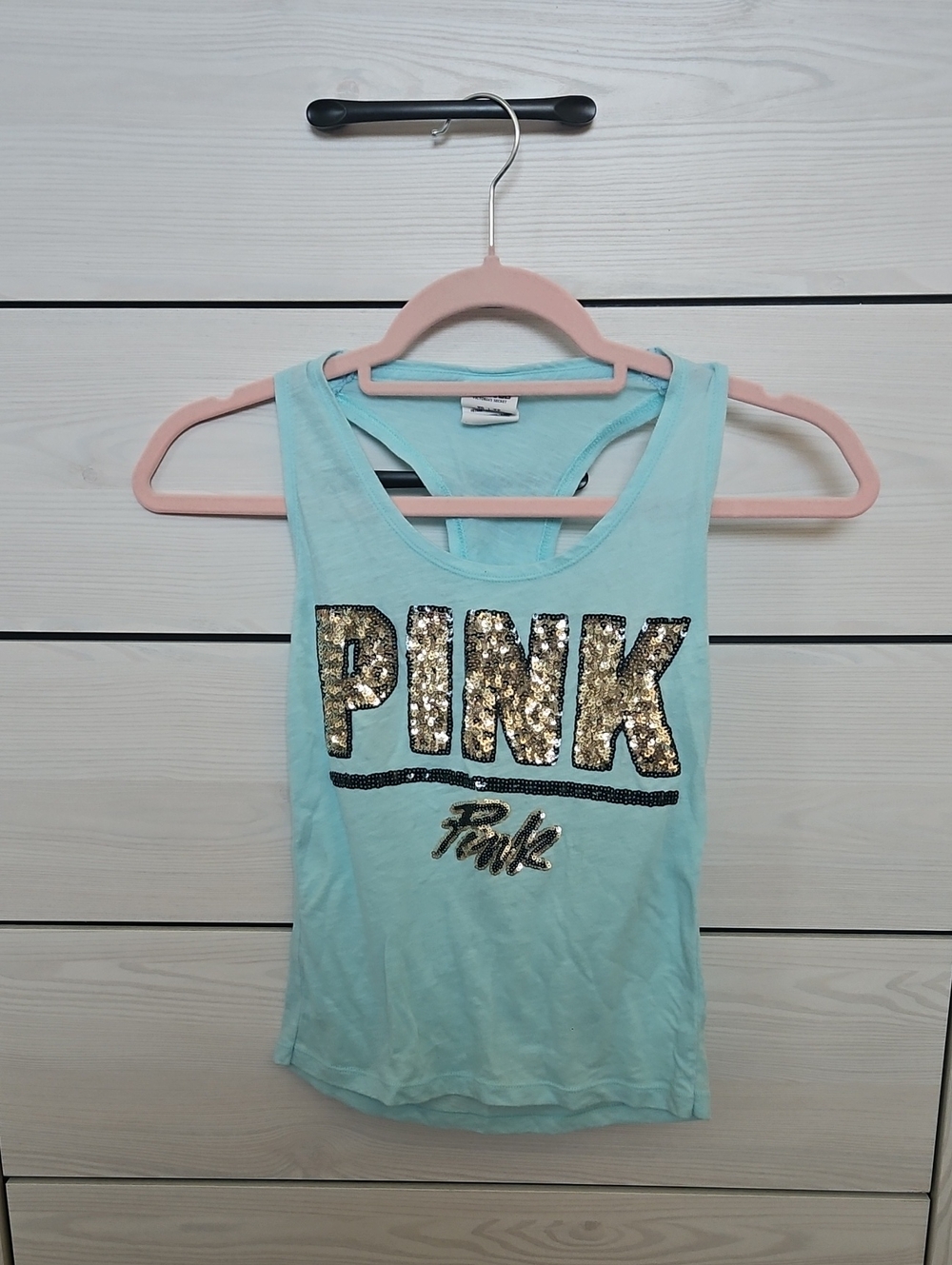 PINK Victoria's Secret Light Blue Tank with Gold Sequin Logo
